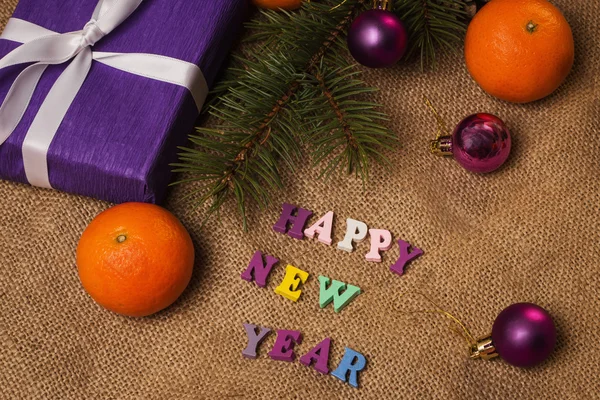 Etiqueta Feliz Ano Novo, presente, cartão postal e decorações de Natal — Fotografia de Stock
