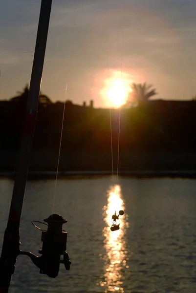 Man Fishing Evening Sunset Majorca Balearic Island — Stock Photo, Image
