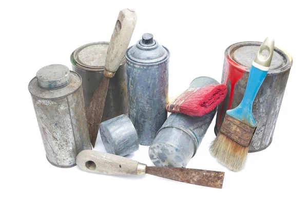 Old used spray cans and paint bucket — Stock Photo, Image