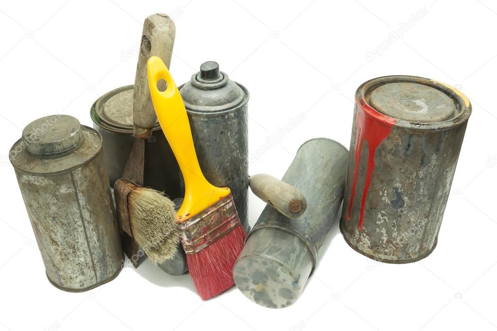Old used spray cans and paint bucket — Stock Photo © PeterSvetoslavov