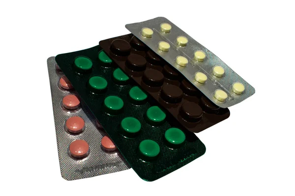 Vier Packungen Mit Verschiedenen Pillen Auf Weißem Hintergrund — Stockfoto