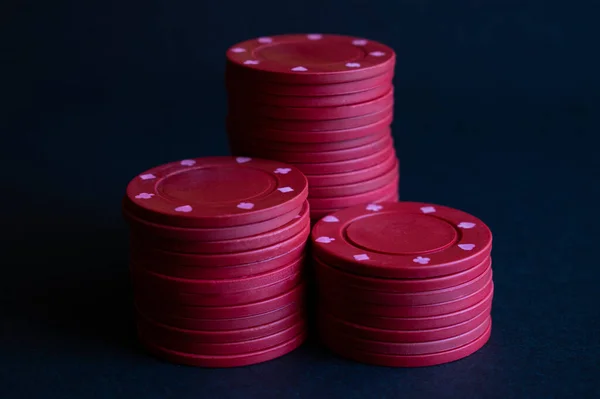 Three Stacks Red Poker Chips Black Background — Stock Photo, Image