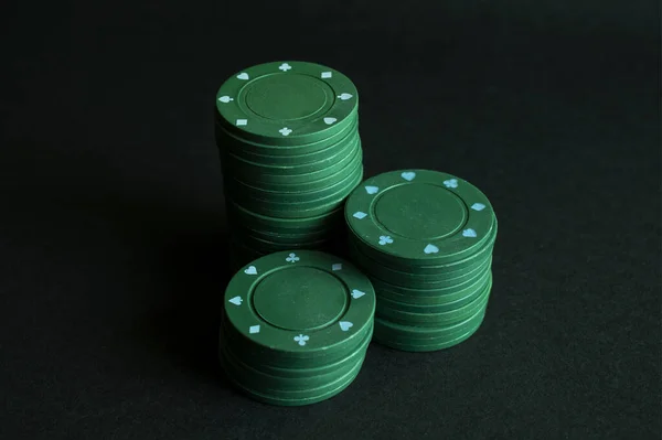 Three Stacks Green Poker Chips Black Background — Stock Photo, Image