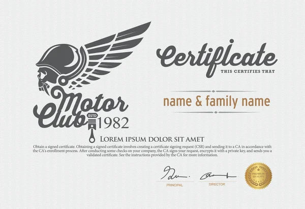 Illustrazione vettoriale del certificato del club motoristico — Vettoriale Stock