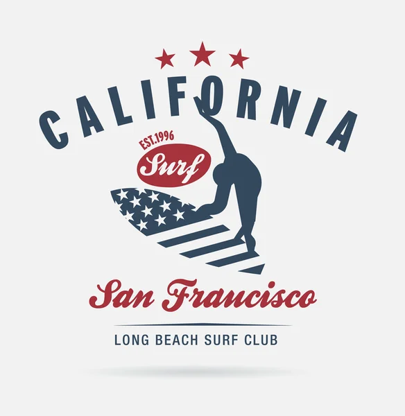 Tipografía de surf de California, gráficos de camisetas, club de logotipo — Archivo Imágenes Vectoriales