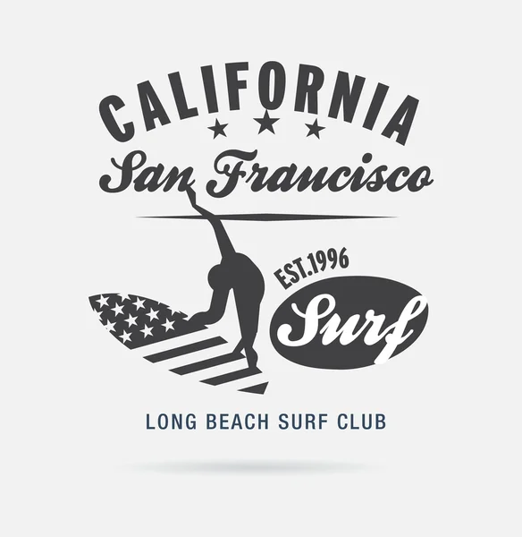 Tipografia de surf na Califórnia, gráficos de t-shirt, logo club —  Vetores de Stock