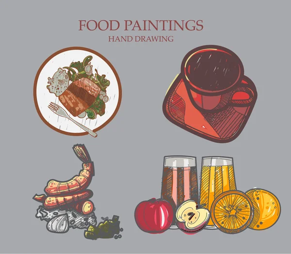 Pintura de alimentos e desenho à mão. O uso de cartazes, brochuras  , — Vetor de Stock