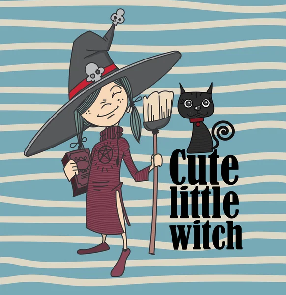 Pequena bruxa e gato bonito . — Vetor de Stock