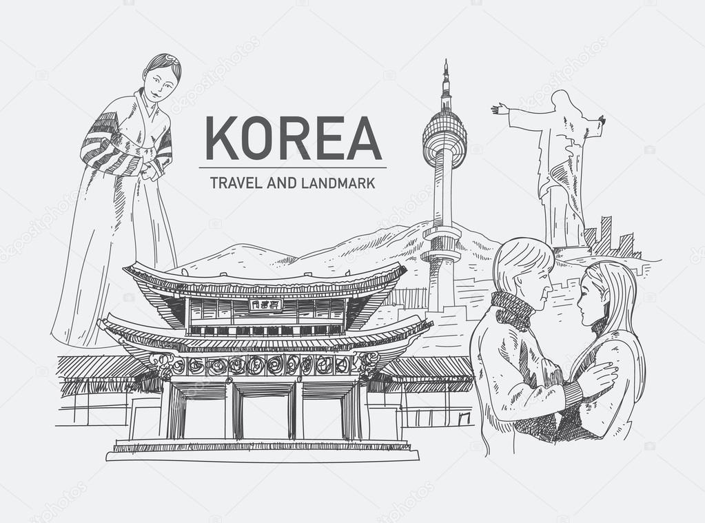 Landmarks in korea, hand drawn, sketch vector