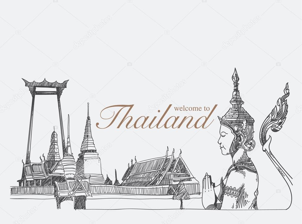 Landmarks in thailand, hand drawn, sketch vector