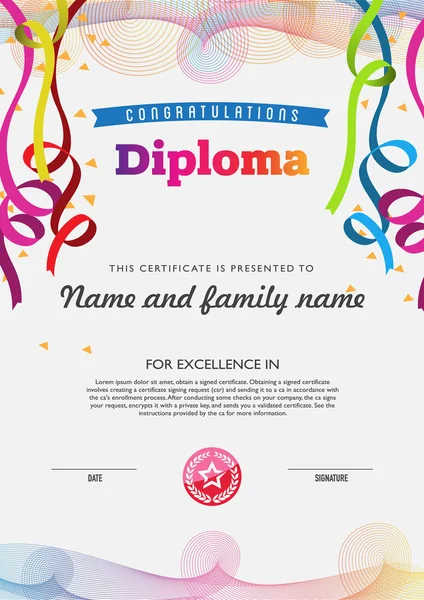 Diploma kleur volledige sjabloon en grafiek grenzen — Stockvector