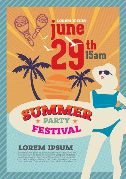 Cartel retro fiesta de verano y folleto — Vector de stock