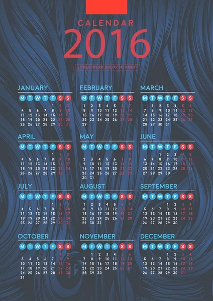 Kalender för 2016 på abstrakt bakgrund — Stock vektor