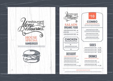 vintage restaurant menu design and wood texture background clipart