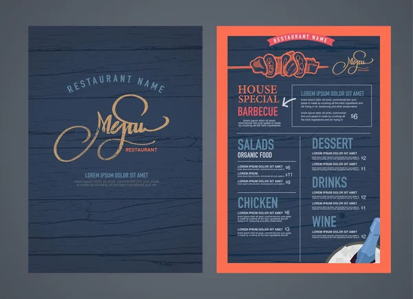 Retro restaurant menu design and wood texture background — Stock Vector