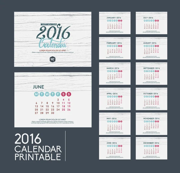 Винтажный 2016 календарь принтабель набор 12 месяцев векторный дизайн темп — стоковый вектор