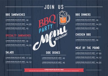Barbekü menüsü Restoran şablonu ve ahşap arka plan doku