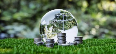 ESG ve yeşil yatırım konsepti, 3D görüntüleme, cam küre ve çimenlerin üzerine istiflenmiş paraların çizimi, sürdürülebilir büyüme ve ekonomiyi temsil ediyor.