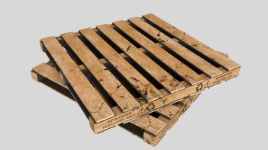 Tarafsız bir arkaplanda iki ahşap paletin üç boyutlu çizimi. Endüstriyel, lojistik, depo ve nakliye tasarımları için mükemmel..