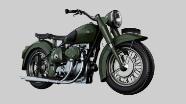 Gri arka planda izole edilmiş, zeytin yeşili ordu renginde klasik bir klasik klasik klasik motosiklet çizimi..