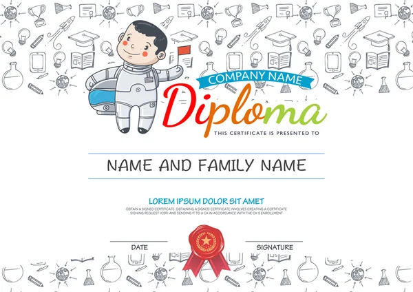 Certificado de diploma para niños de la escuela primaria preescolar . — Vector de stock