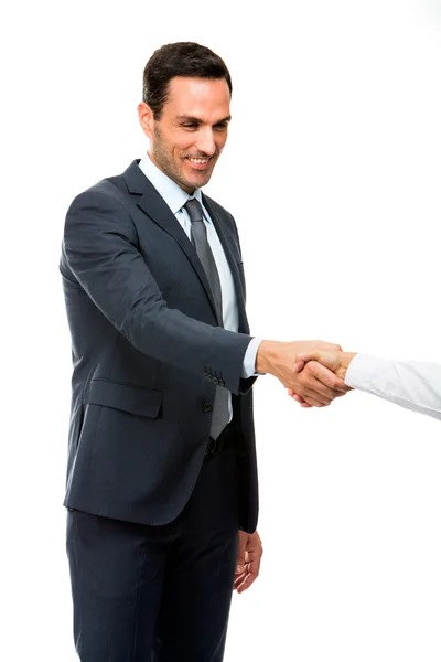 Retrato de meio comprimento de um empresário sorrindo e apertando a mão — Fotografia de Stock