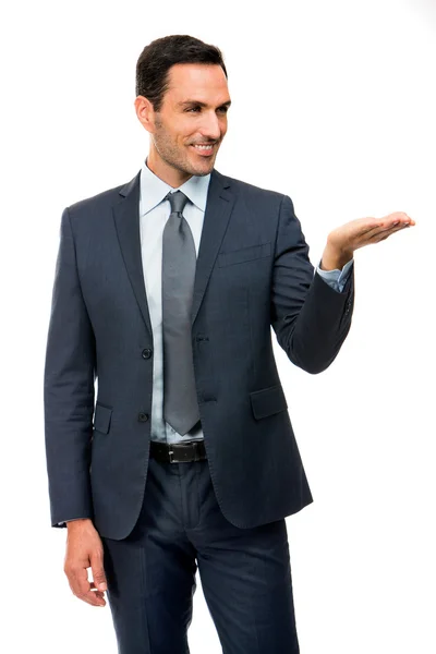 Retrato de medio cuerpo de un hombre de negocios sonriente en traje con brazo levantado —  Fotos de Stock