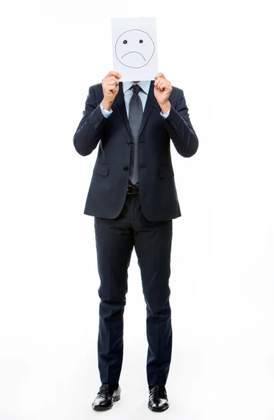 Retrato completo de un hombre de negocios con tarjeta blanca y emoticono —  Fotos de Stock