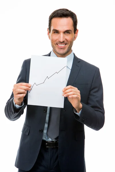 Портрет бизнесмена, держащего чистую бумагу с растущей диаграммой — стоковое фото