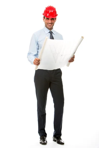 Retrato de comprimento total de supervisor de construção sorridente olhando para plantas — Fotografia de Stock