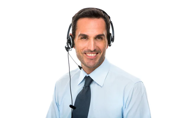 Kulaklıklı gülümseyen bir adamın portresi çağrı merkezi operatörü olarak çalışıyor.