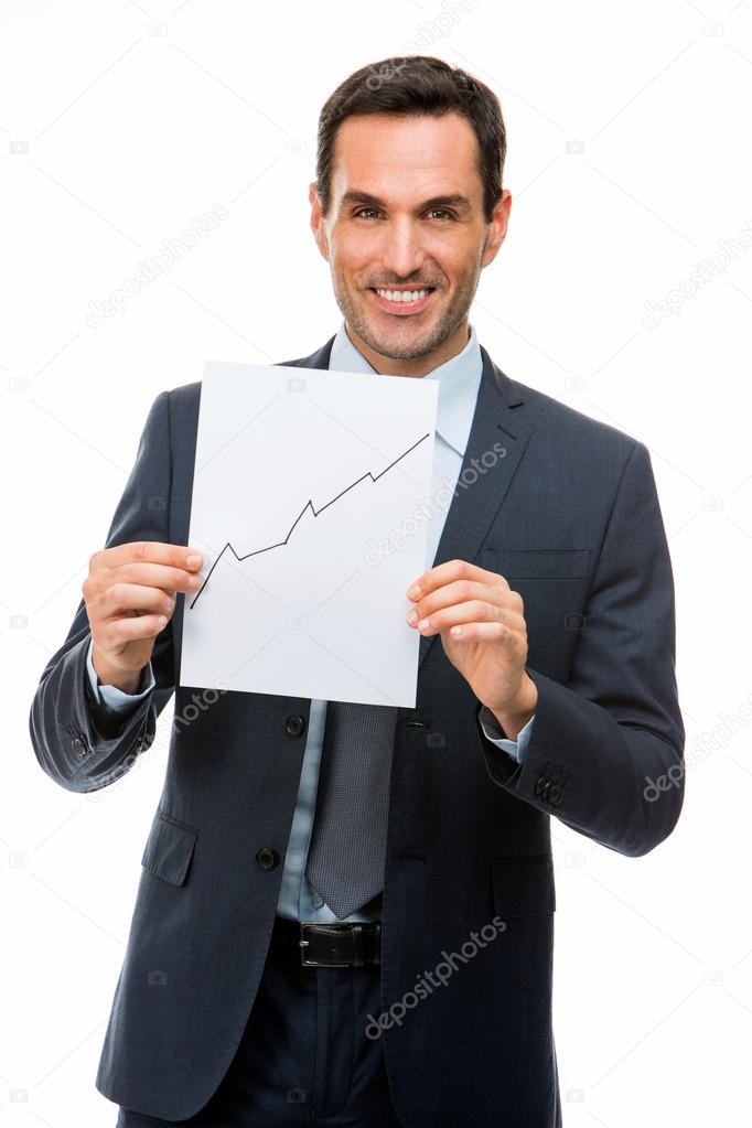 Half length portrait of a businessman holding blank paper with growing chart
