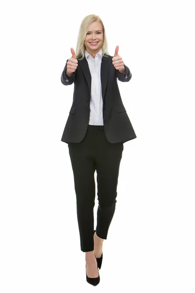 Glimlachende zakenvrouw blonde duimen omhoog met beide handen — Stockfoto