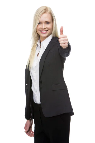 Smiling blonde businesswoman thumb up with one hand — Stock Photo, Image