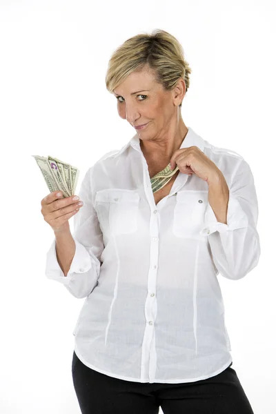 Manager woman holding banknote — Stock Photo, Image