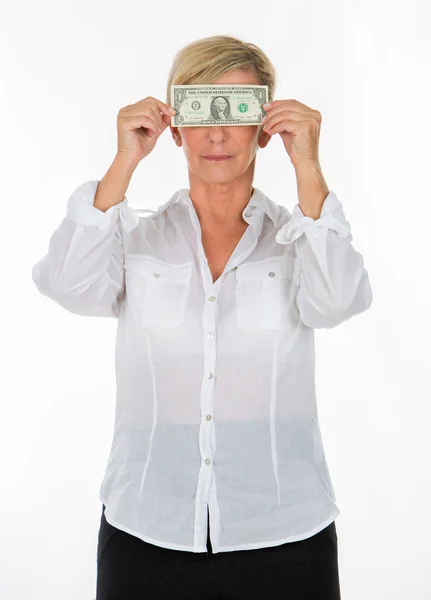 Manager woman holding banknote covering her eyes — Stock Photo, Image