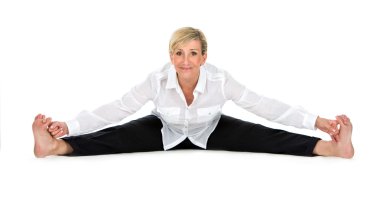 manager woman doing yoga at white background clipart