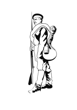 19. yüzyıl Rus askerinin grafiksel çizimi. Siyah beyaz illüstrasyon.