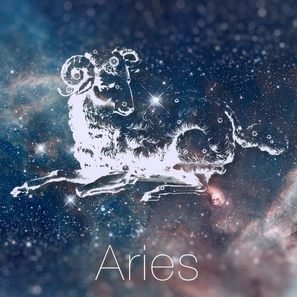 Signo zodiacal astrológico - Áries. Desenho astrológico vintage. Céu galáctico em segundo plano. Pode ser usado para horóscopos. Elementos desta imagem fornecidos pela NASA . — Fotografia de Stock