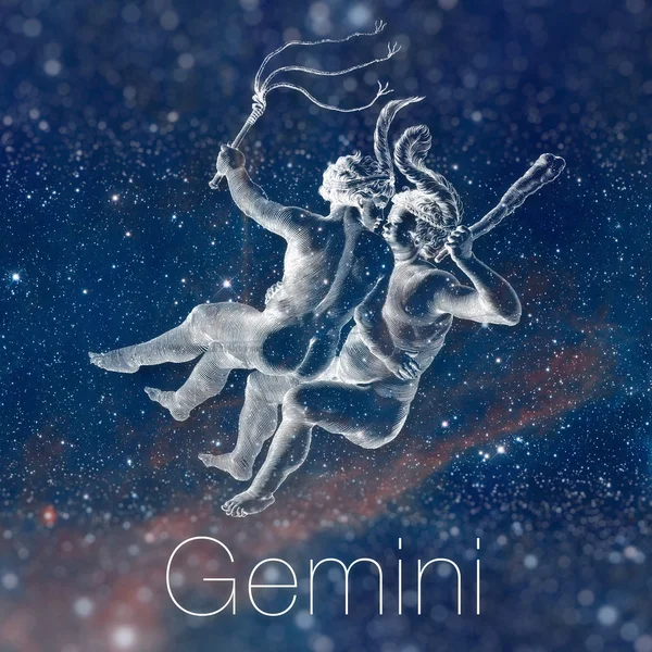 Signo zodiacal astrológico - Gêmeos. Desenho astrológico vintage. Céu galáctico em segundo plano. Pode ser usado para horóscopos. Elementos desta imagem fornecidos pela NASA . — Fotografia de Stock