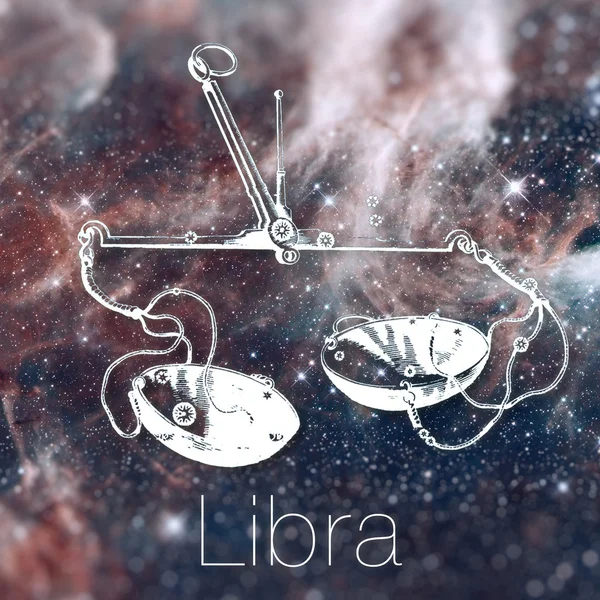 Signo zodiacal astrológico - Libra. Dibujo astrológico vintage. Cielo galáctico en el fondo. Se puede utilizar para horóscopos. Elementos de esta imagen proporcionados por la NASA . —  Fotos de Stock