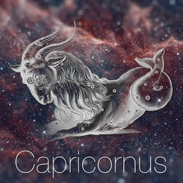 Signo zodiacal astrológico Capricornio. Dibujo astrológico vintage. Cielo galáctico en el fondo. Se puede utilizar para horóscopos. Elementos de esta imagen proporcionados por la NASA . — Foto de Stock