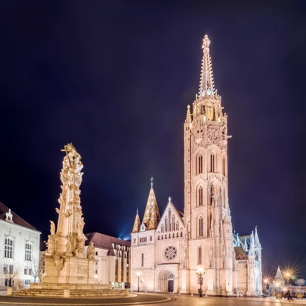 Matthias Church and Statue of Holy Trinity in Budapest, Hungary. — Stock Photo, Image