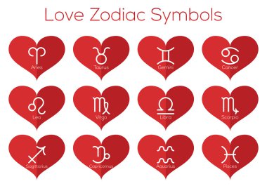 Burç sembolleri seviyorum. Astrolojik zodyak işaretleri. Kırmızı kalp düz ince çizgi simgelerin vektör set.