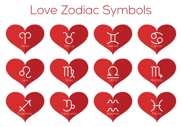 Burç sembolleri seviyorum. Astrolojik zodyak işaretleri. Kırmızı kalp düz ince çizgi simgelerin vektör set.