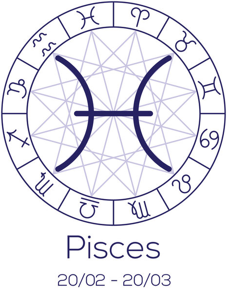 Zodiac sign - Pisces. Astrological symbol in wheel.