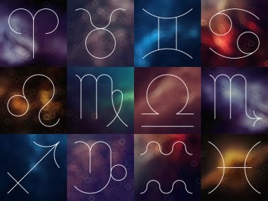 Zodyak işaretleri. Bulanık renkli arka plan üzerinde beyaz ince basit çizgi astrolojik semboller. Koç, boğa, İkizler, kanser, aslan, Başak, Terazi, Akrep, yay, Oğlak, kova, Balık.