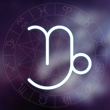 Burç - Oğlak. Astroloji grafik ile bulanık soyut uzay arka plan beyaz ince basit çizgi astrolojik sembolü.