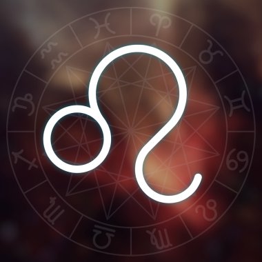 Burç - Leo. Astroloji grafik ile bulanık soyut uzay arka plan beyaz ince basit çizgi astrolojik sembolü.