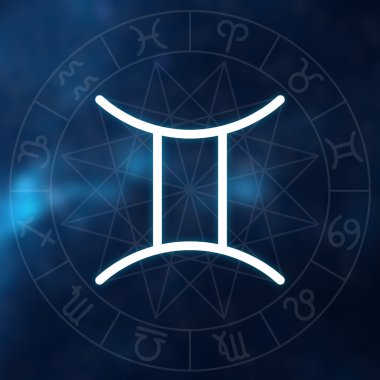 Burç - ikizler. Astroloji grafik ile bulanık soyut uzay arka plan beyaz ince basit çizgi astrolojik sembolü.